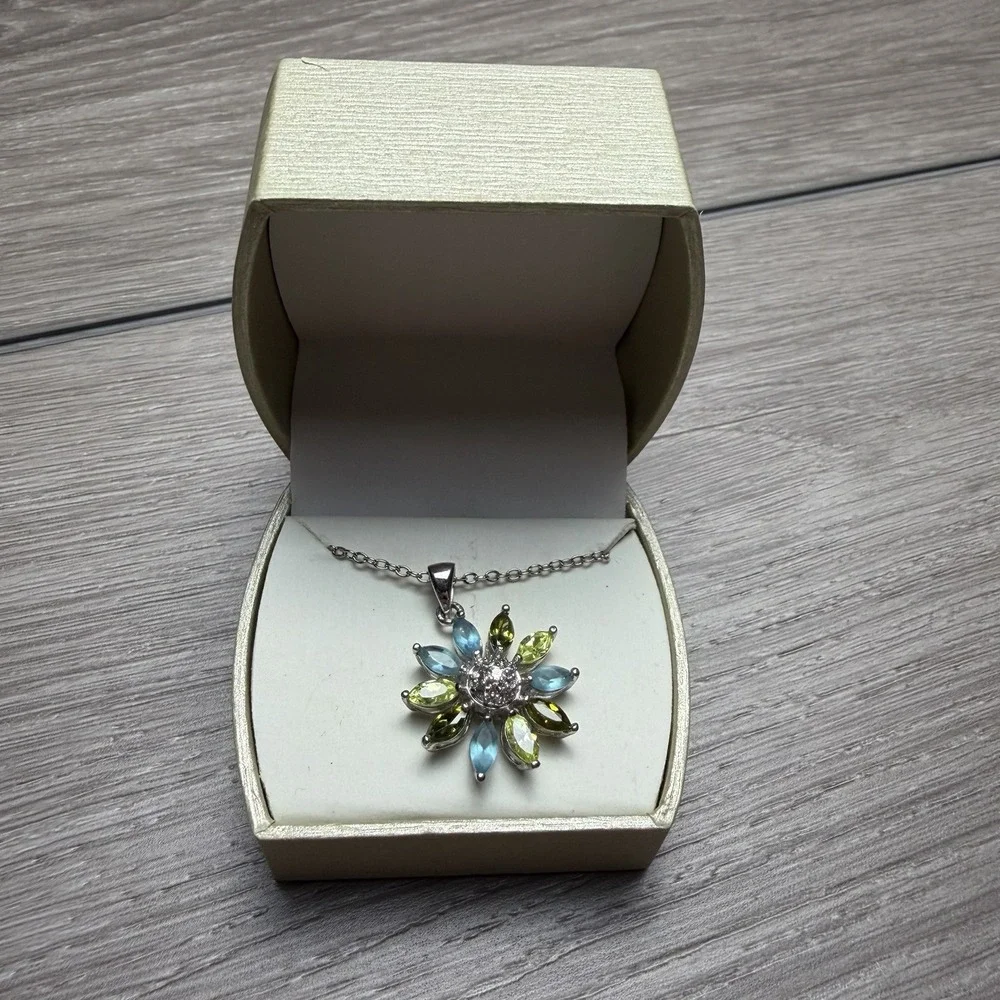 Multi Gemstone Flower Pendant Necklace Blue Green White